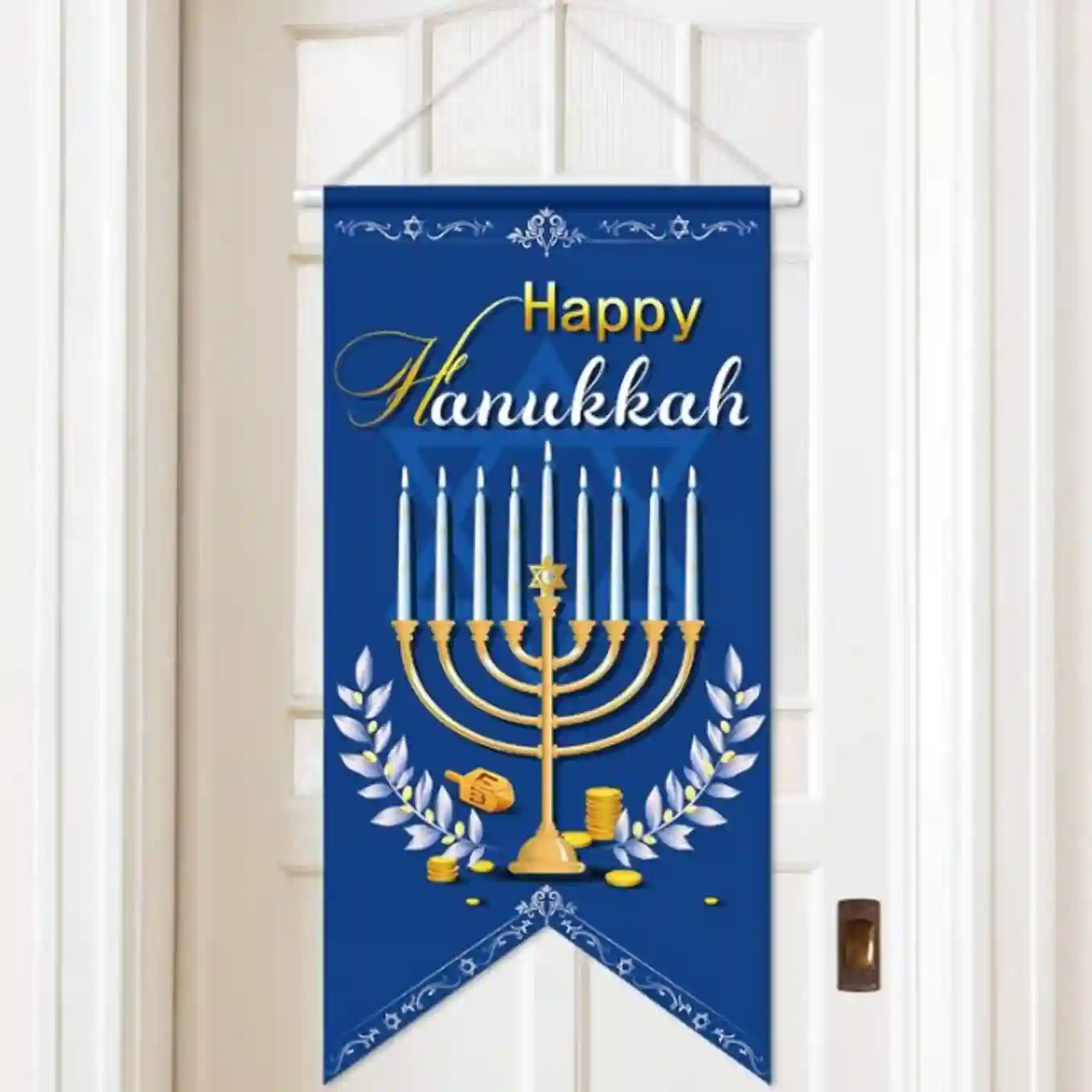 Blulu Happy Hanukkah Banner Menorah Door Sign Flag Jewish Holiday Decor