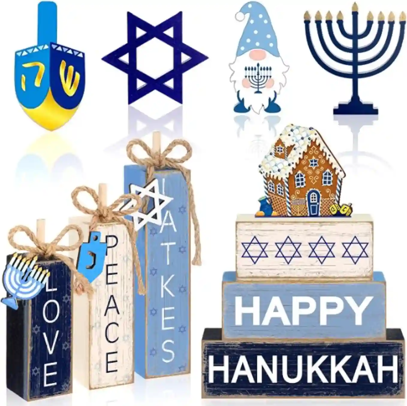 Quzzil Eleven Piece Hanukkah Wooden Tiered Tray Decor Blue White Tabletop Signs