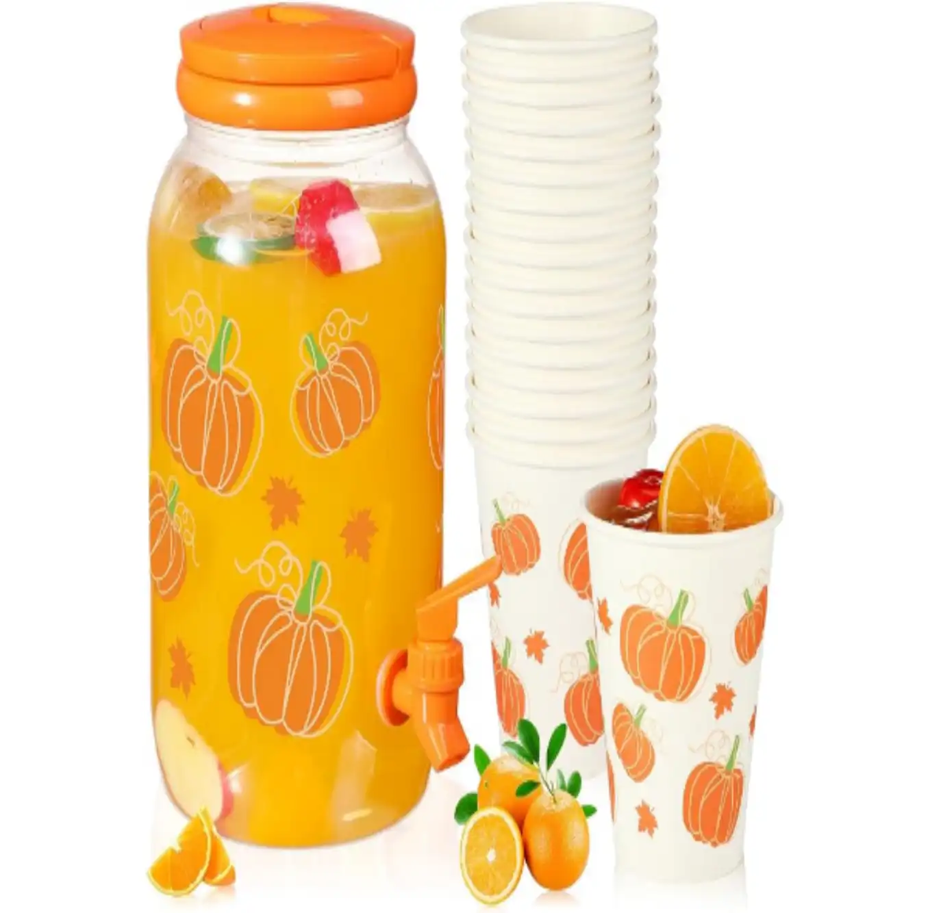 Umigy 1 Gallon Thanksgiving Pumpkin Plastic Dispenser with 20 Cups