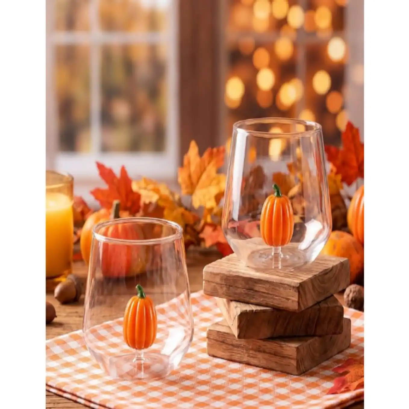 2 Pcs Fall Pumpkin Wine Glass 12oz Thanksgiving Figurine Glass Cup