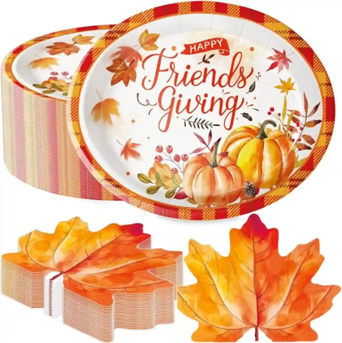 QIYANPAX 50 PCS Friendsgiving Oval Paper Plates Maple Leaf Napkins Set