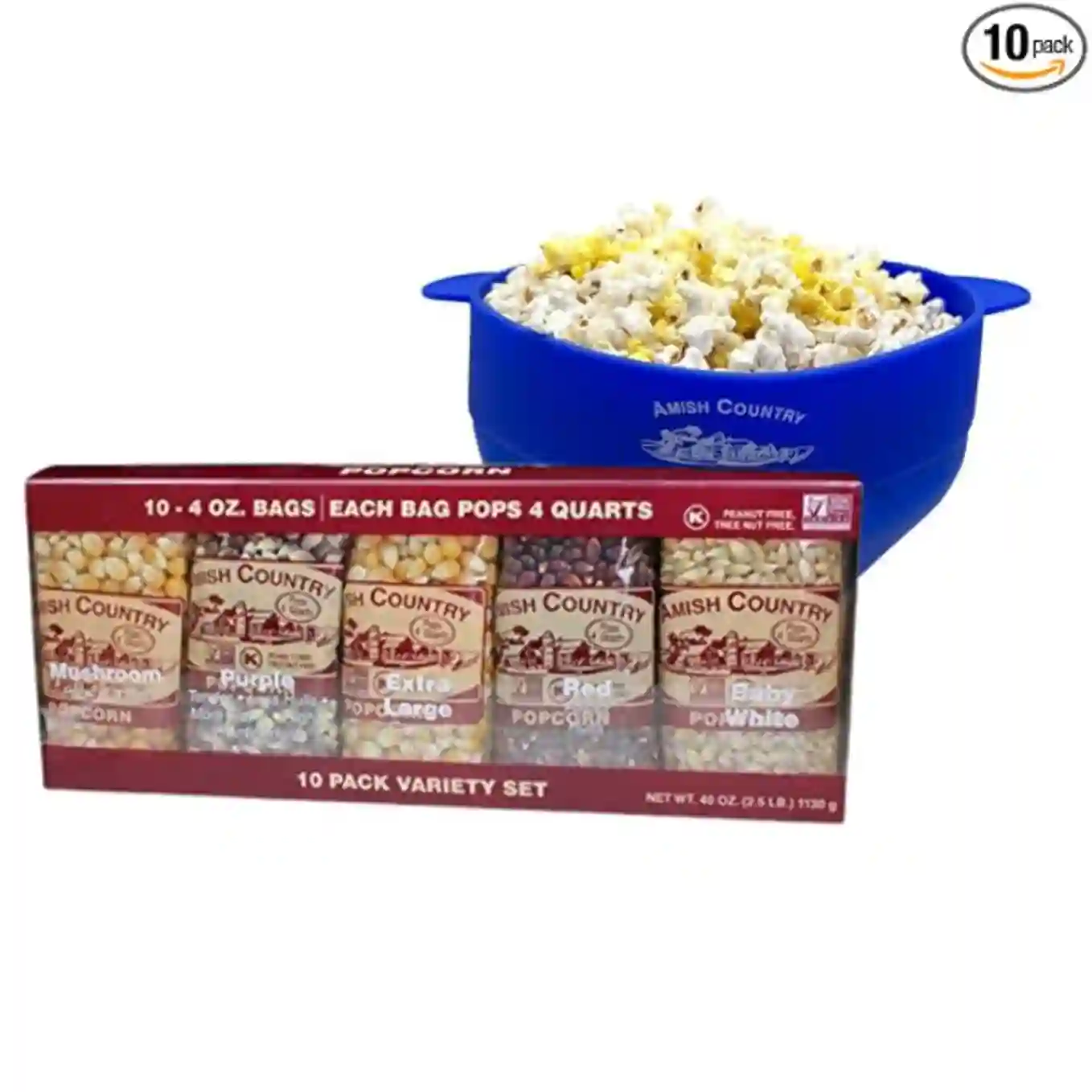 Amish Country Popcorn Variety Kernel Gift Set with Blue Silicone Microwave Popper Bowl