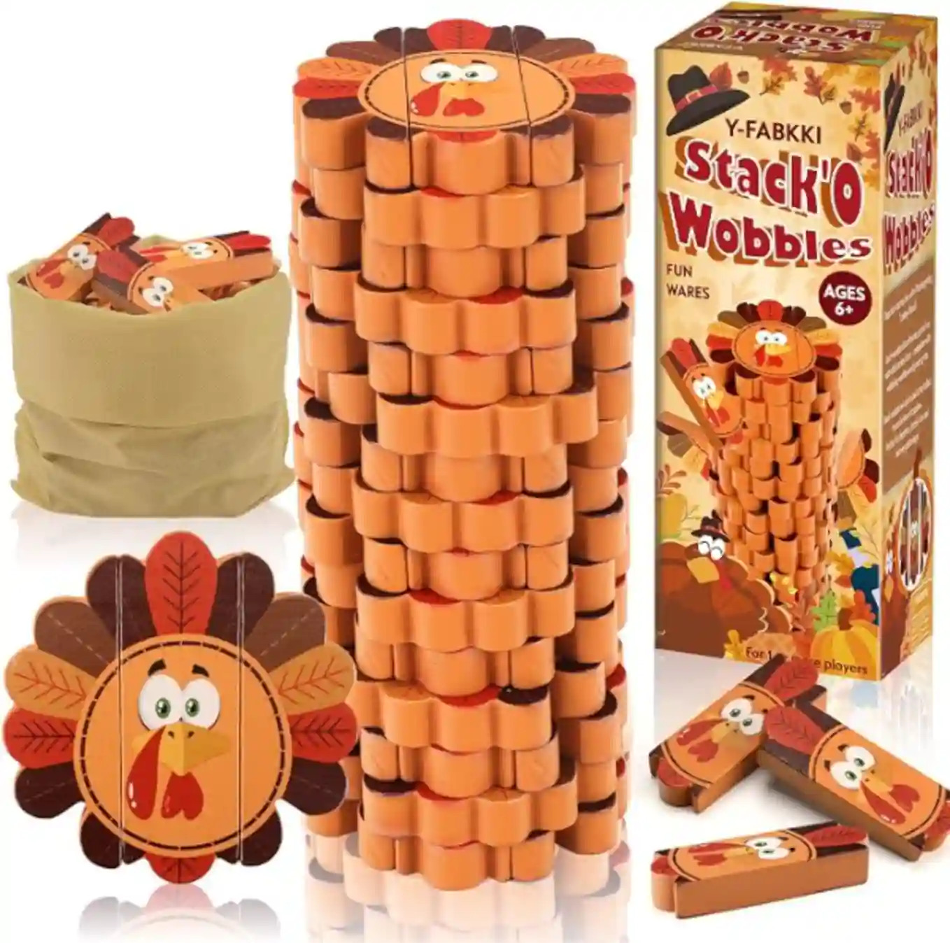 Thanksgiving Wooden Block Stacking Games Turkey Themed Balance Game Tumbling Tower Set with Storage Bag
