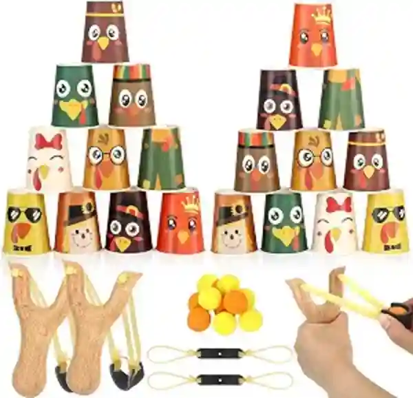 MUOUAKATE Thanksgiving Games Stacking Cups Set with Catapults Rubber Bands Foam Balls
