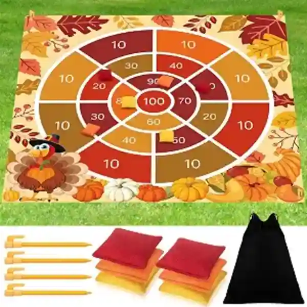 Arrowbash Fall Thanksgiving Bean Bag Toss Game Set Large Polyester Mat with Ground Stakes Drawstring Bag