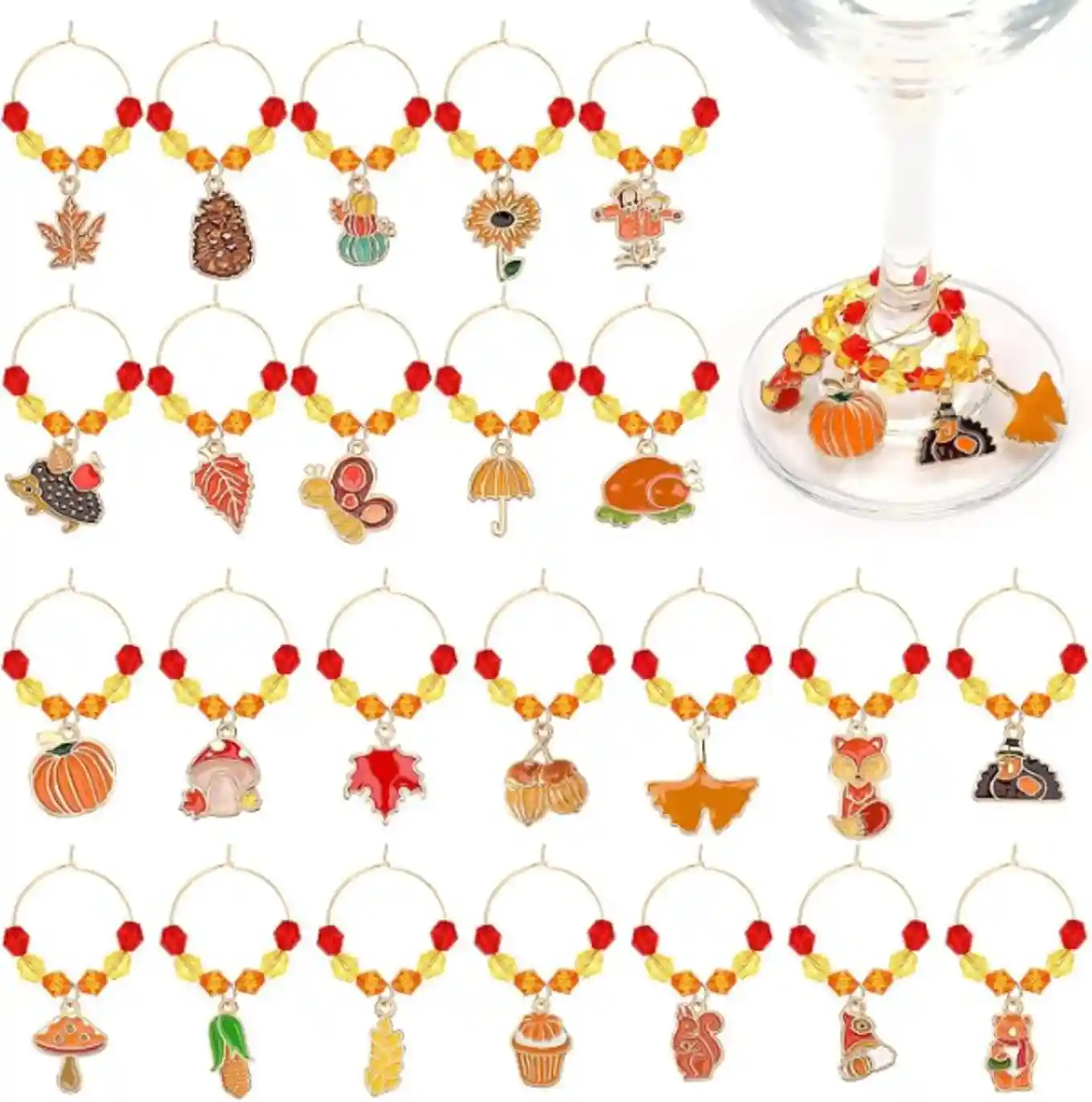 24Pcs Thanksgiving Wine Charms Fall Wine Glass Charm Rings