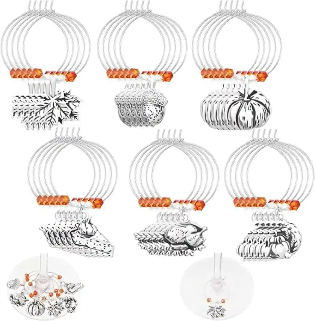 30 Pcs Thanksgiving Wine Glass Charms Fall Drink Markers Rings