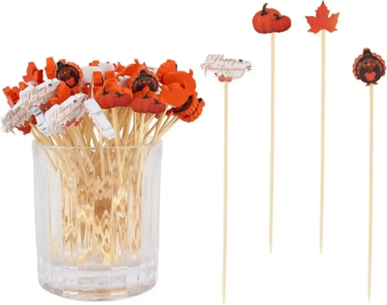 100pcs Fall Cocktail Picks 4.7 Inch Thanksgiving Decorative Pumpkin Maple Picks