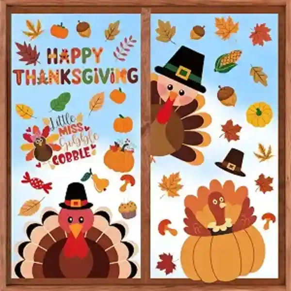 BANANABROTHER Nine Sheets Thanksgiving Window Clings Stickers Fall Pumpkin Turkey Decor Double Sided Reusable Decals