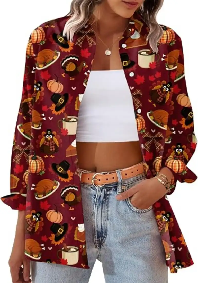 Womens Thanksgiving Long Sleeve Shirts Holiday Graphic Button Top