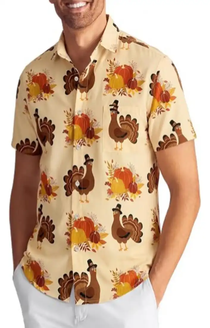 KYKU Mens Thanksgiving Shirt Short Sleeve Button Down Turkey Hawaiian Shirt