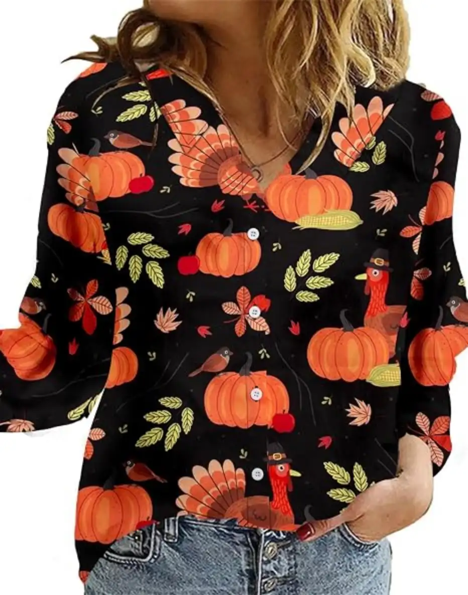 Thanksgiving Turkey Shirt Women Thankful Pumpkin Graphics Button Down Blouse
