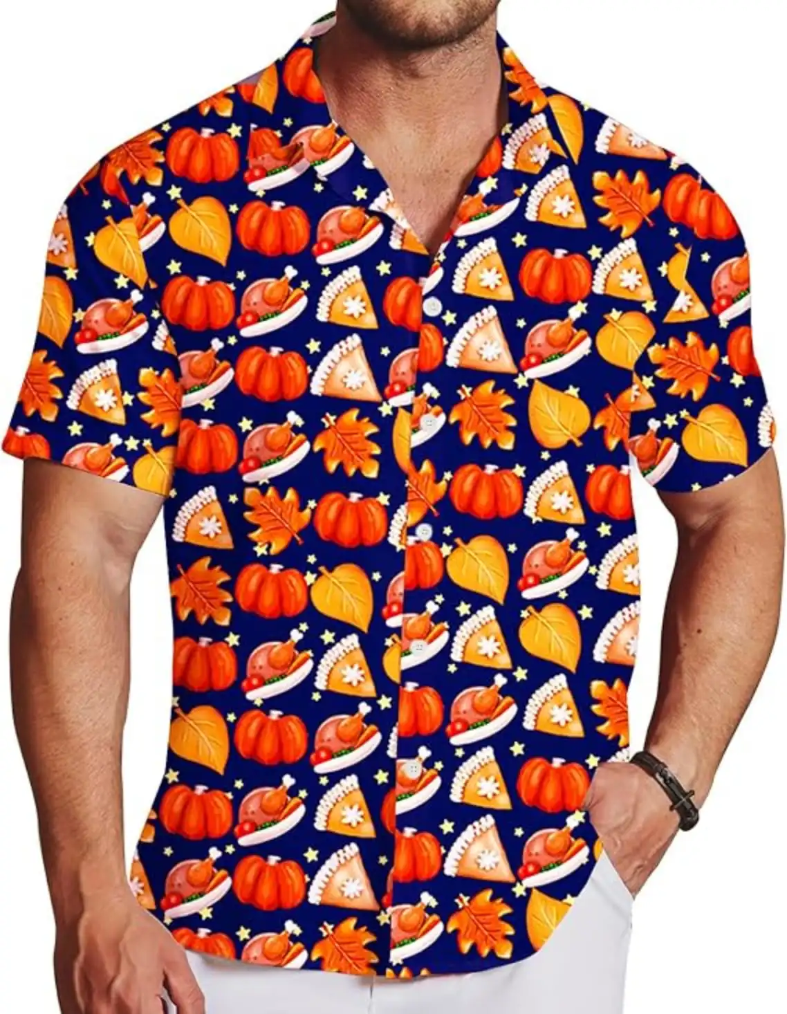 Mens Thanksgiving Button Tops Short Sleeve Turkey Hawaiian Shirt